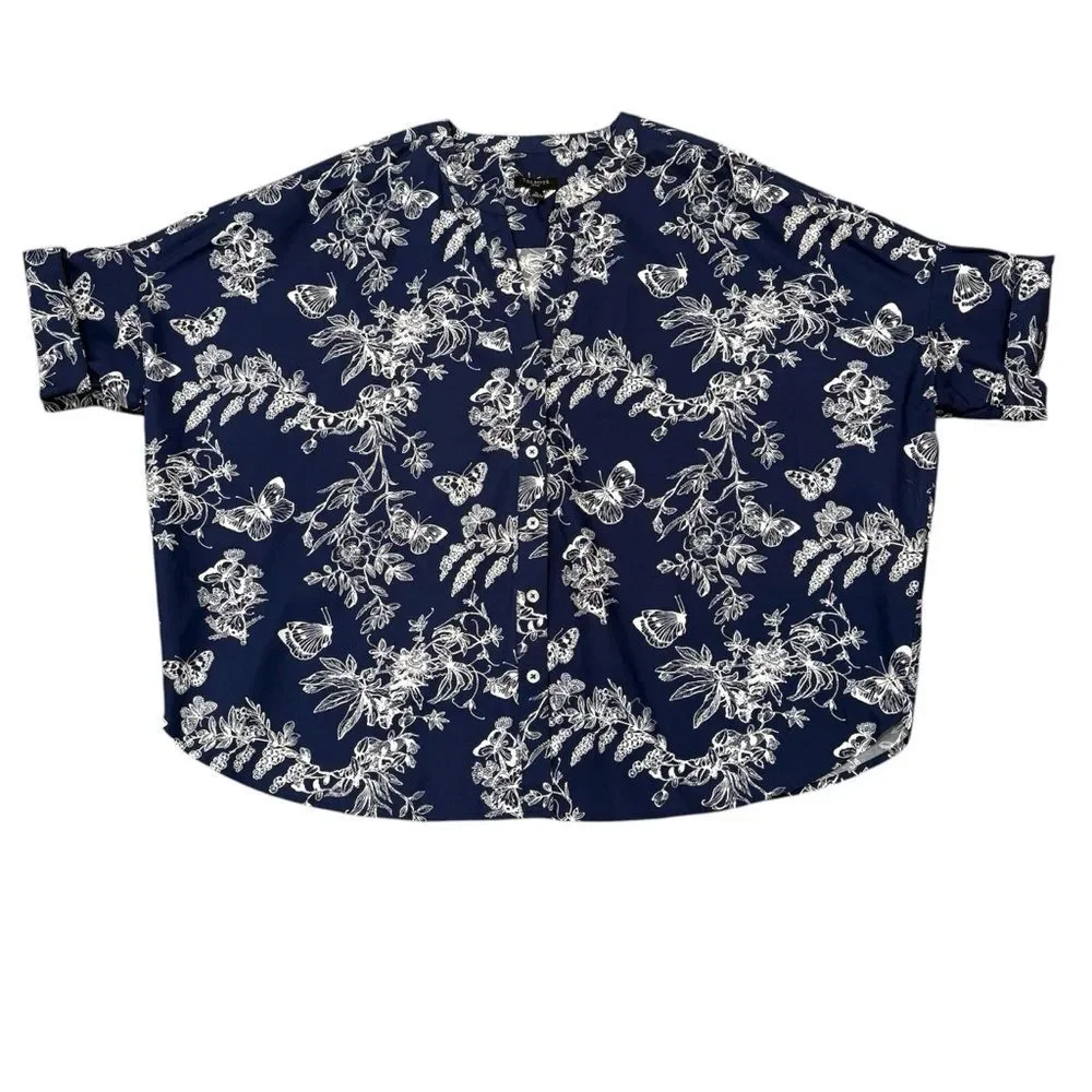 Talbots Navy Blue Floral Butterfly Boxy Short Sleeve Top Size SP Petite